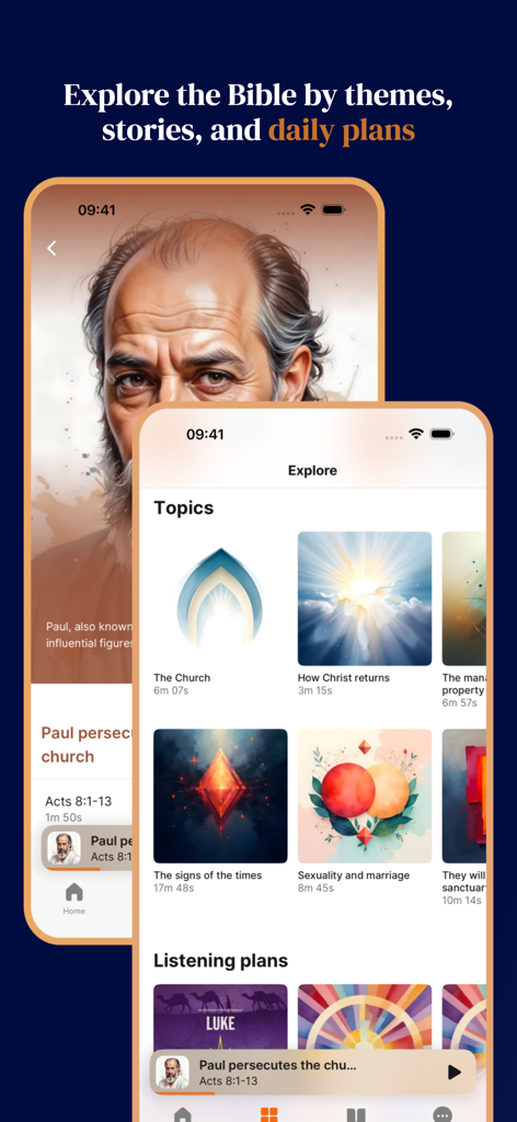 Oberfläche der Audibible-App, die Biblthemen und tägliche Hörpläne anzeigt
