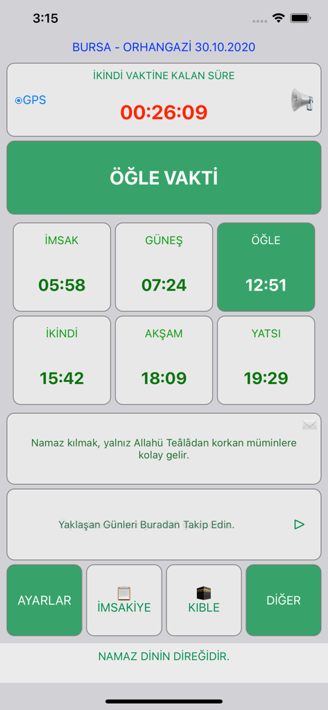 Ezan Vakti Namaz Zamani 앱의 모바일 인터페이스로, 일일 기도 시간과 다음 기도까지의 카운트다운을 표시합니다.