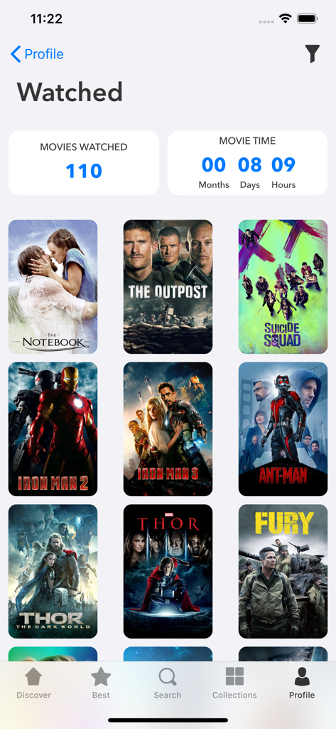MyMovies - Catalog - A list of movies marked as watched with statistics on total viewing time in the MyMovies app.