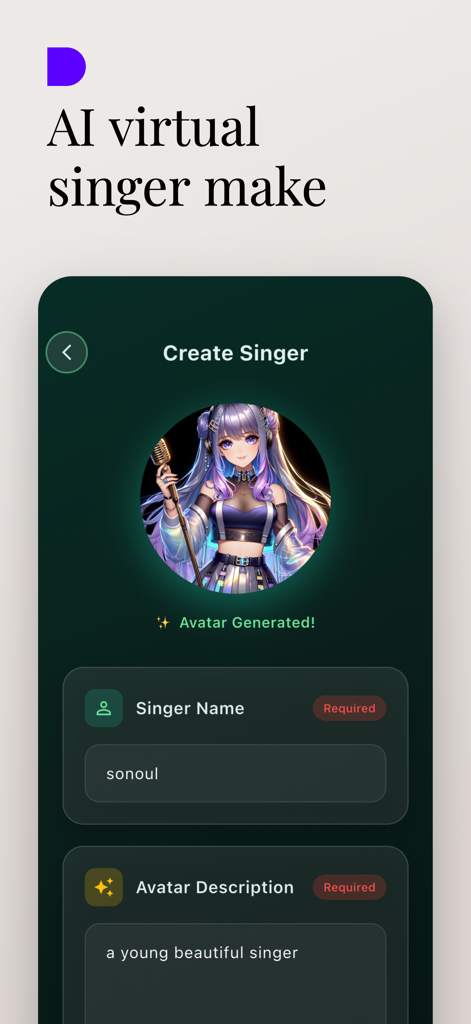 A smartphone screen displaying the Sonoul app interface to create an AI virtual singer with a customizable anime avatar.