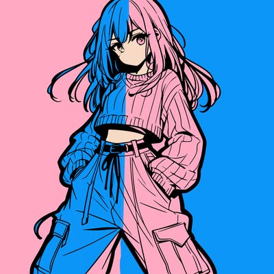 anime teen girl with baggy pants and crop top with sweater