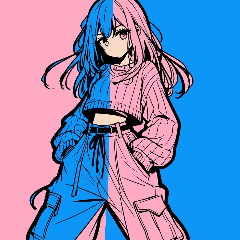 anime teen girl with baggy pants and crop top with sweater