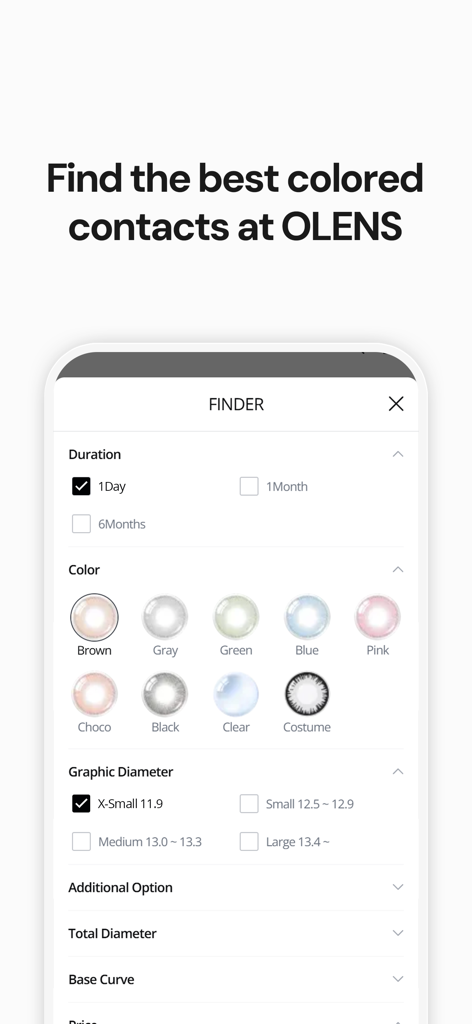 OLENS - 색상, 사용 기간, 직경 필터를 보여주는 OLENS 모바일 앱 렌즈 파인더 화면