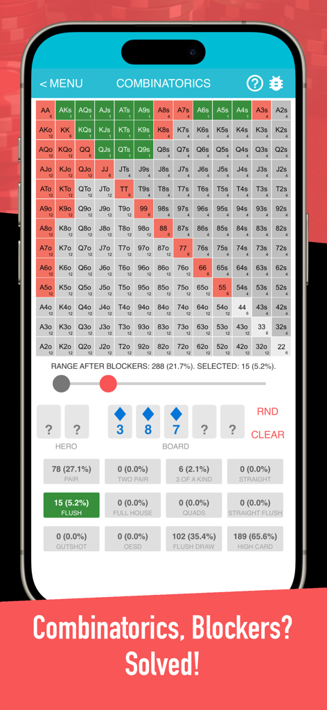 Preflop+ Poker GTO Nash Charts - Preflop+ app screen showing poker combinatorics and hand range blocker analysis
