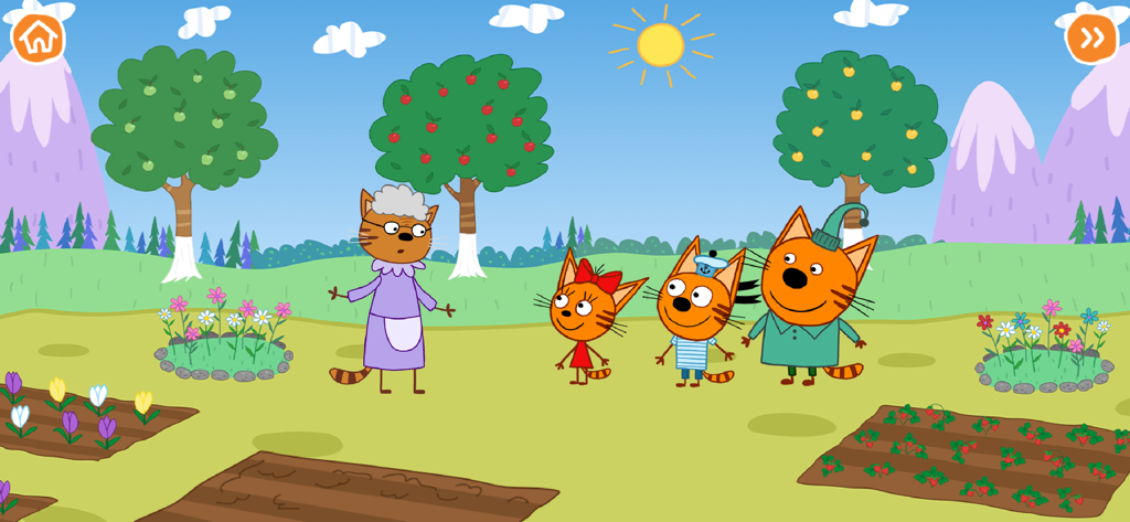 Kid-E-Cats characters Candy Cookie and Pudding with Grandma in a colorful garden with fruit trees and flowers