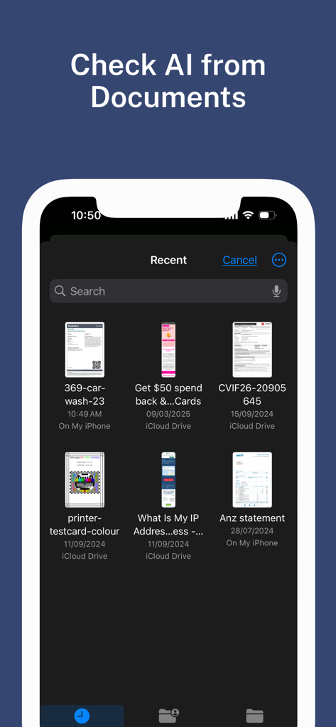 AI Checker For Students - AIコンテンツをスキャンするためのドキュメントおよびファイルを選択するモバイルアプリ画面