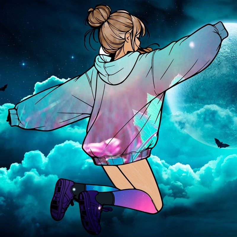 realistic girl jumping with a bun and oversized sweatshirt