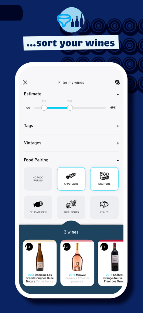 PLOC, you'll be wine - Mobile app interface for sorting wines by price and food pairing categories