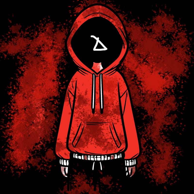 faceless girl in a tracksuit with a hood on and no hair