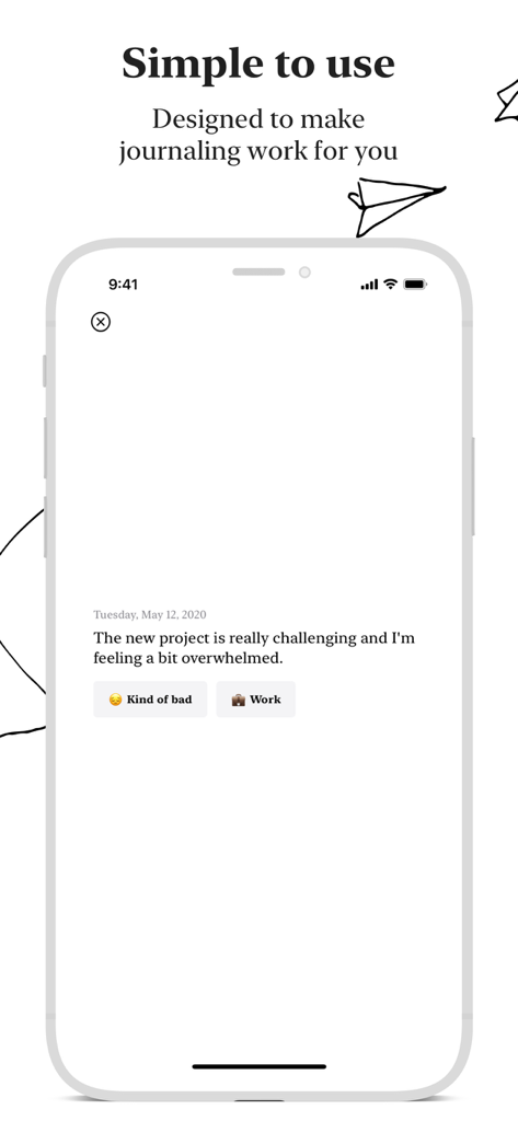 Private Journal: Punkt - Simple mobile app screen showing a short journal entry with mood and category tags