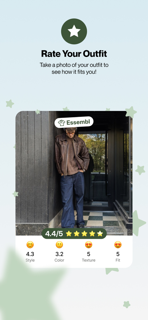 A male outfit being analyzed and rated by the Essembl AI styling assistant for style color texture and fit