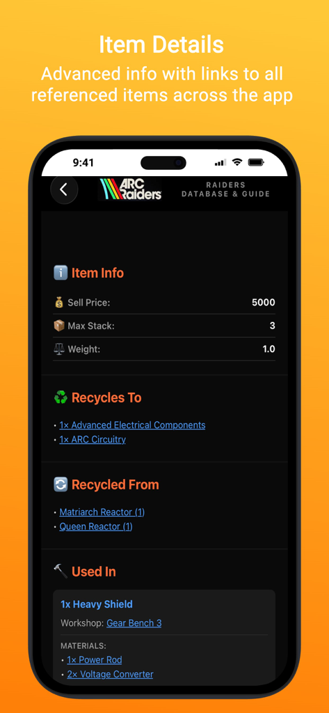 ARC Intel: A Raiders Database - Mobile app screen showing detailed item statistics, recycling information, and crafting requirements for ARC Raiders.