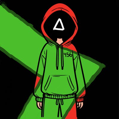 faceless girl in a tracksuit with a hood on and no hair