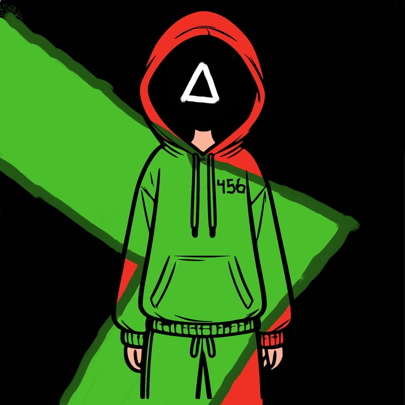 faceless girl in a tracksuit with a hood on and no hair