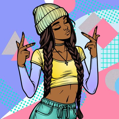 realistic teenage girl with braids and a beanie and crop top doing 🫶🏼