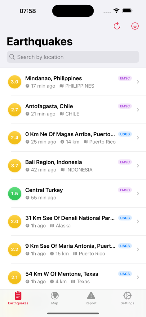 A list of recent global earthquakes showing magnitudes, locations, and time elapsed since the event using USGS and EMSC data.