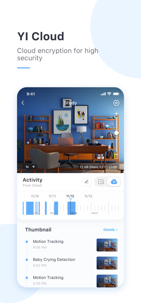 ZKlink - yi home & yi iot - Smartphone screen showing the ZKlink app interface with a home security video feed and cloud activity timeline featuring motion tracking and baby crying alerts