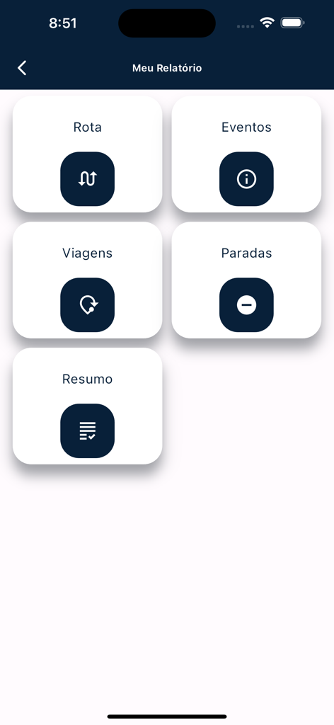 Rastreio Plus App Berichtsmenü mit Optionen für Routenereignisse, Fahrten, Stopps und Zusammenfassungen