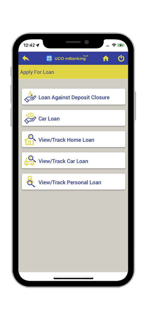 UCO mBanking Plus - Apply For Loan screen in UCO mBanking Plus app with options for car home and personal loans