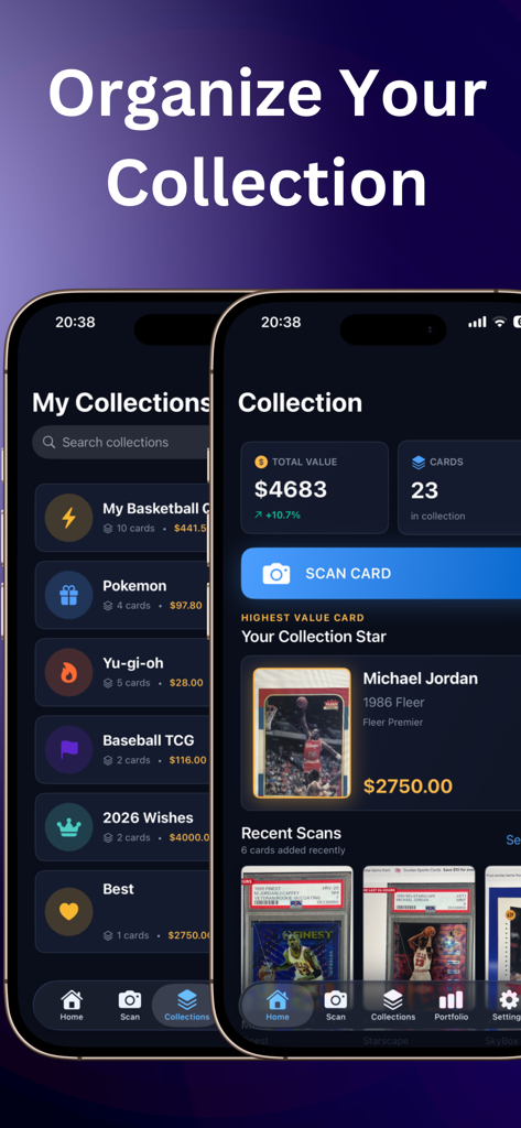 Sports card scanner: SoRare AI - Dashboard of the SoRare AI app showing total collection value and categorized card lists for basketball and Pokemon