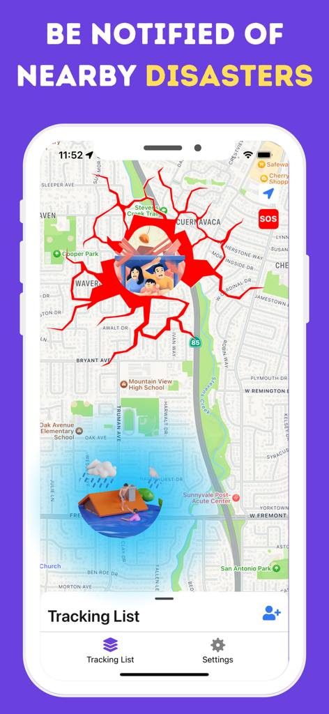 xFind・Location Find from Phone - Mobile app interface showing real-time location tracking with emergency alerts for nearby natural disasters like earthquakes and floods.