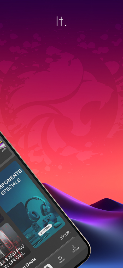 A smartphone displaying the Evetech app with gaming component specials and a stylized lion logo on a vibrant purple and orange background.