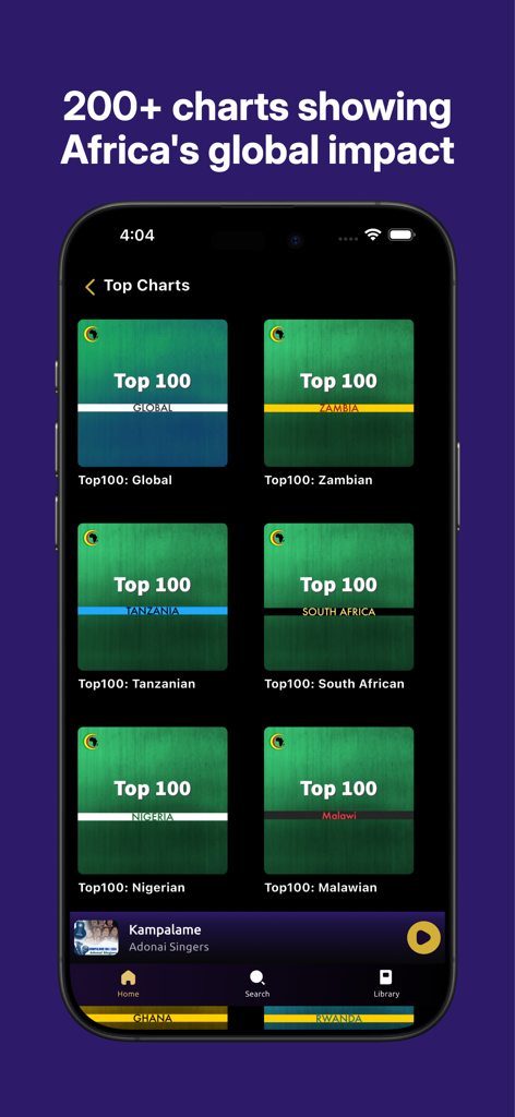 AfroCharts app screen showing top 100 music charts for various African countries including Nigeria and South Africa