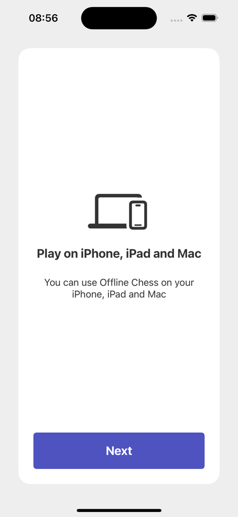 Pantalla de incorporación de la aplicación Ajedrez sin conexión que muestra la compatibilidad con iPhone, iPad y Mac