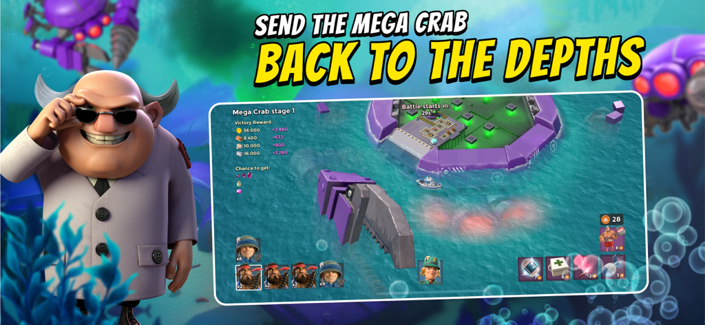 Recompensas y pantalla de estrategia del evento Mega Cangrejo de Boom Beach, fase uno