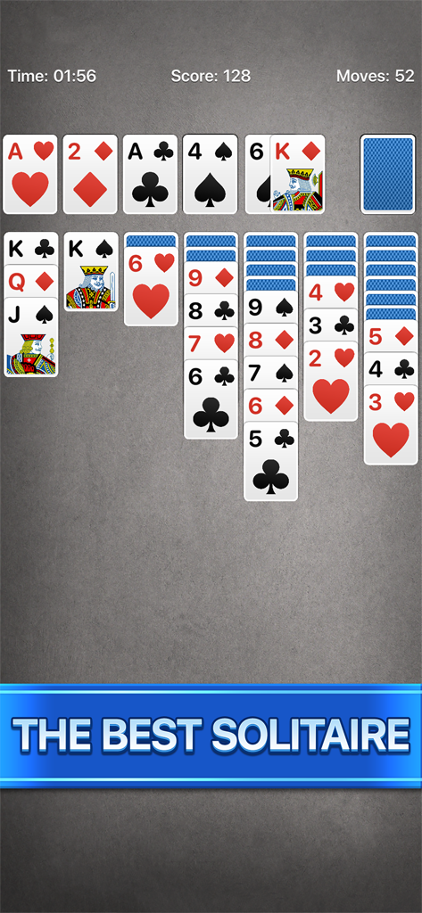 Solitaire Calm, Relax and Play - A relaxing classic Klondike Solitaire game in progress on a grey background