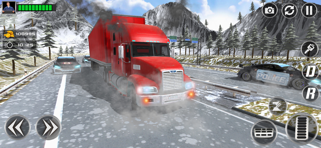 Supply Truck Driving Simulator - Un camión semirremolque rojo conduciendo por una carretera nevada en un paisaje de montaña