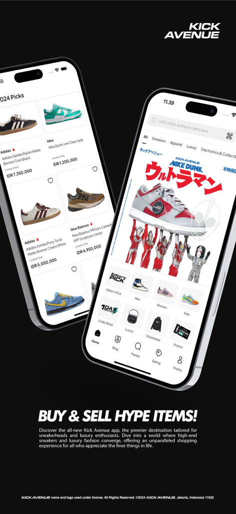 Oberfläche der Kick Avenue Mobile App, die authentische Sneaker und Luxusbekleidung zum Kaufen und Verkaufen anzeigt