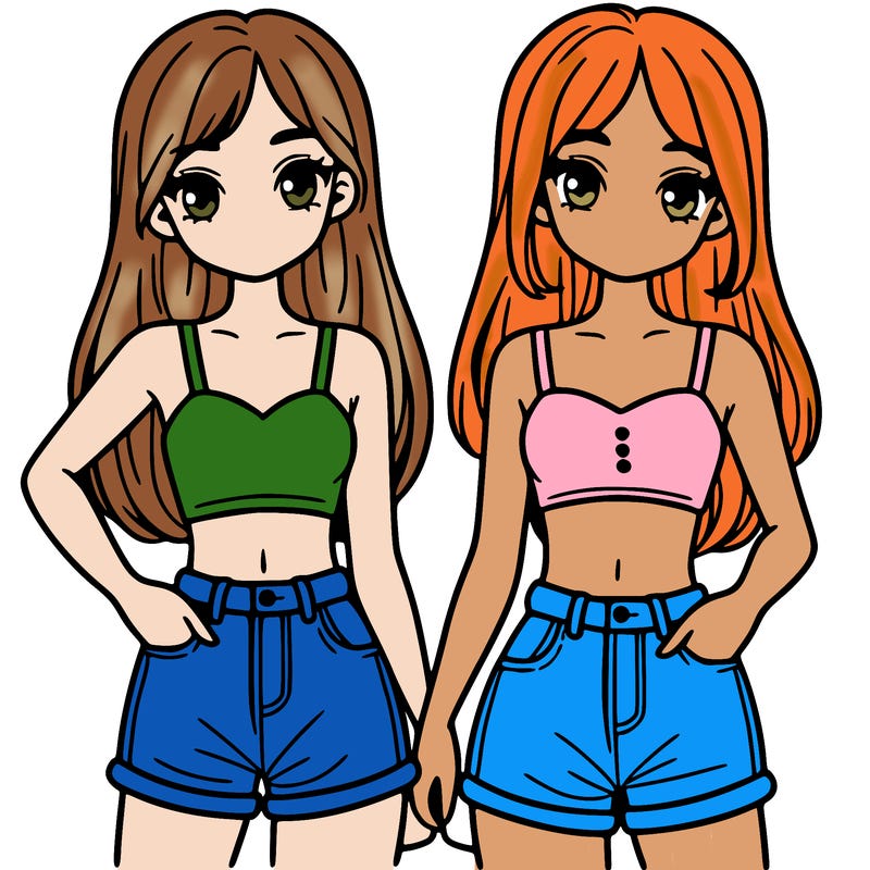 two sisters with crop tops and jean shorts and straight hair