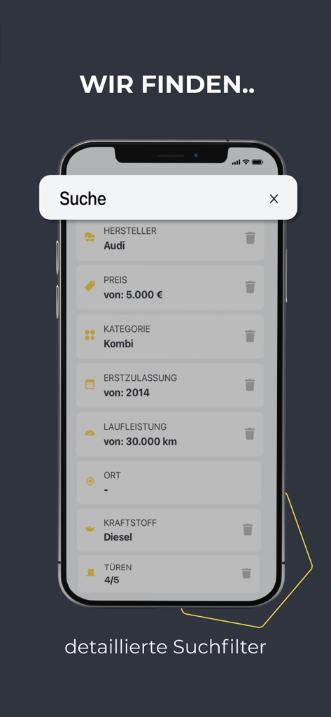 CarOnSale - Interface detalhada de filtros de busca no aplicativo marketplace de carros usados CarOnSale, mostrando opções de preço do fabricante e especificações do veículo.