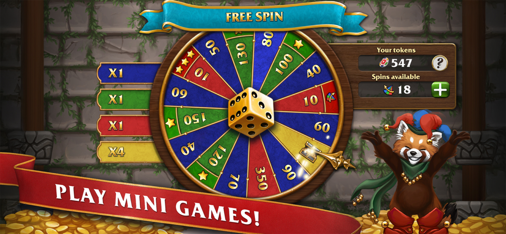 Backgammon Masters - Una pantalla de minijuego de Backgammon Masters con una rueda de la fortuna para ganar fichas gratis y un personaje de panda rojo.