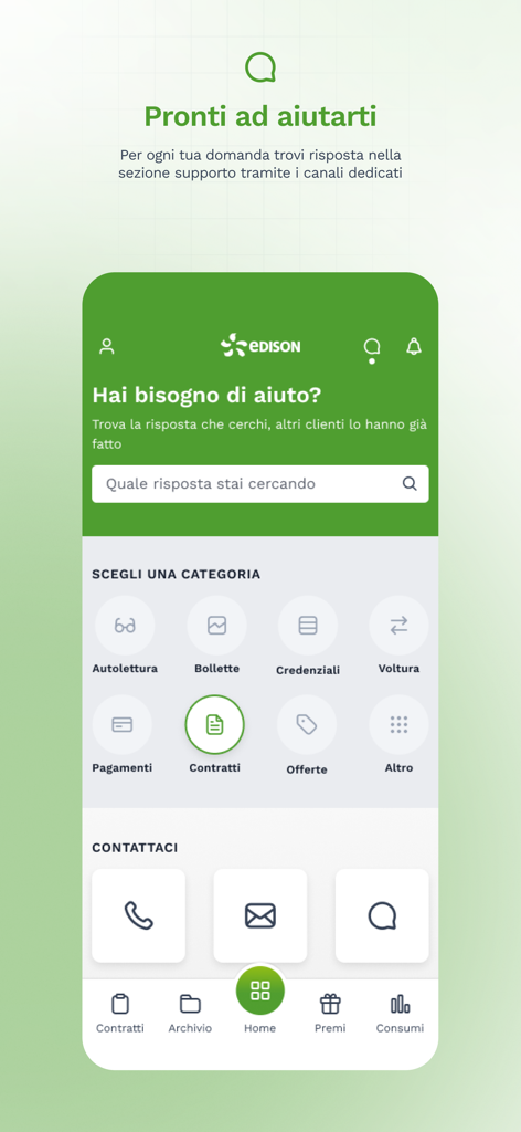 La schermata di supporto dell'app My Edison che presenta una barra di ricerca per l'aiuto, categorie di utilità e opzioni di contatto per telefono, e-mail e chat.