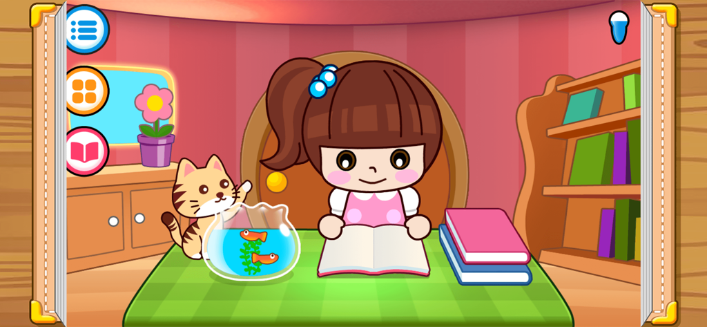 易读宝点读 - Animated interface of the Yidubao Qpen app showing a cartoon girl reading a book at a table.