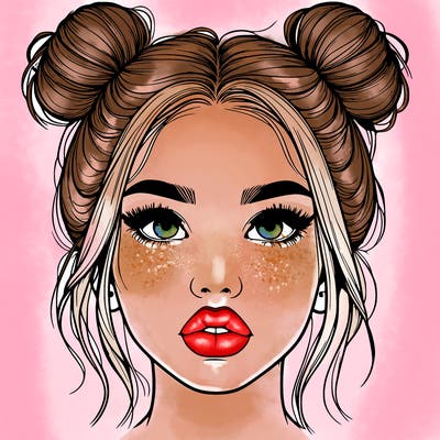 realistic girl with two buns on her hair and lips