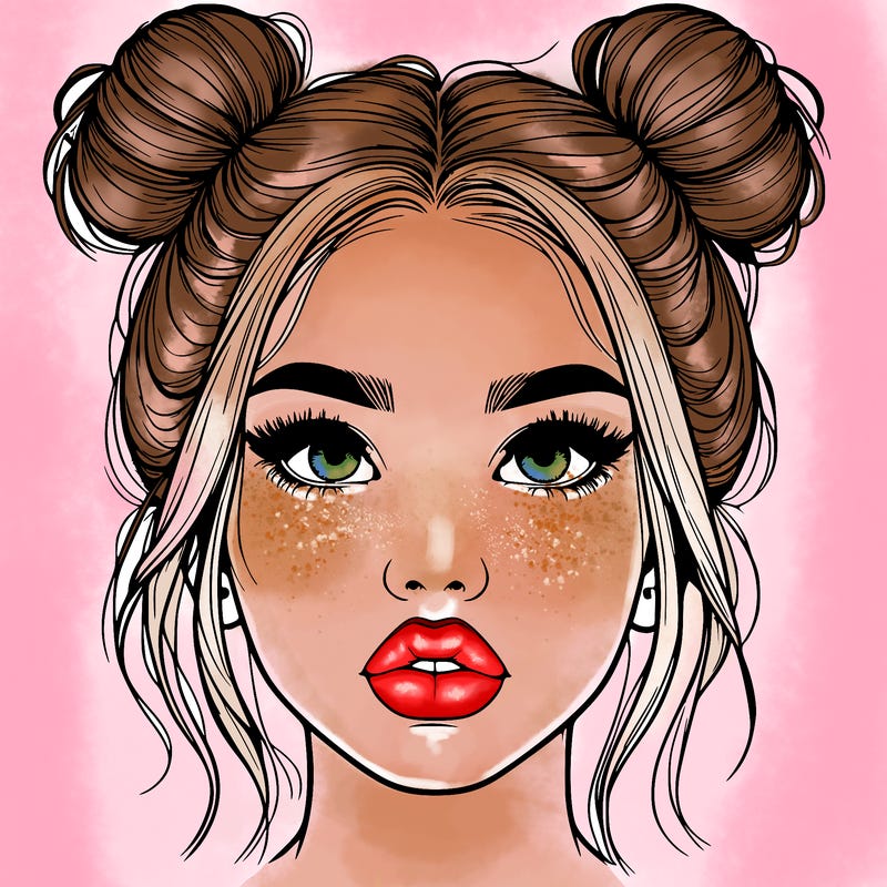 realistic girl with two buns on her hair and lips