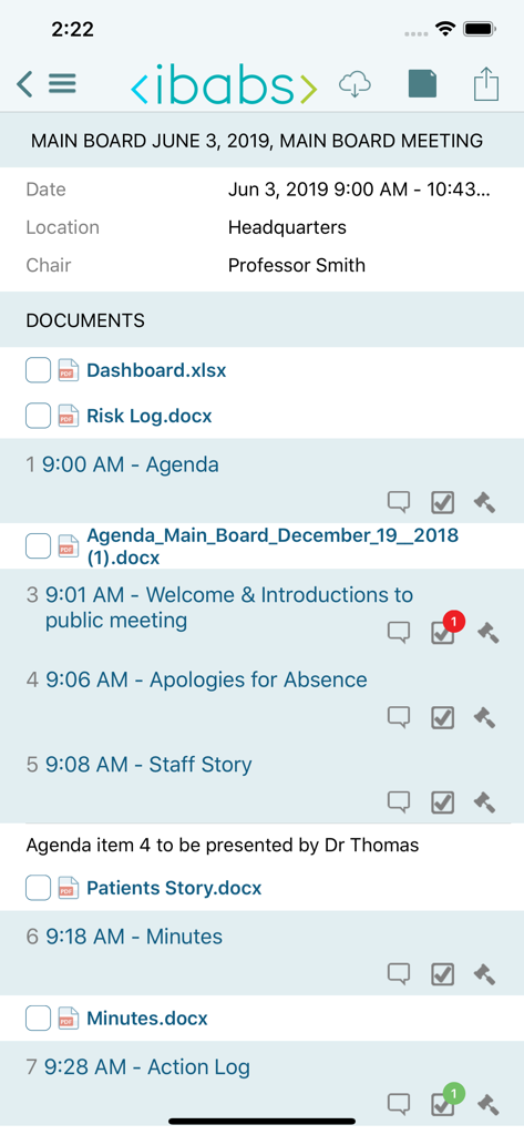 iBabs app screenshot showing a digital board meeting agenda with document links and scheduled items