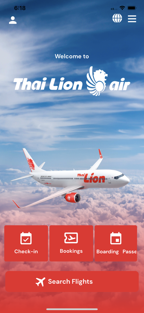 Thai Lion Air app home screen showing flight booking and check-in options with an airplane background
