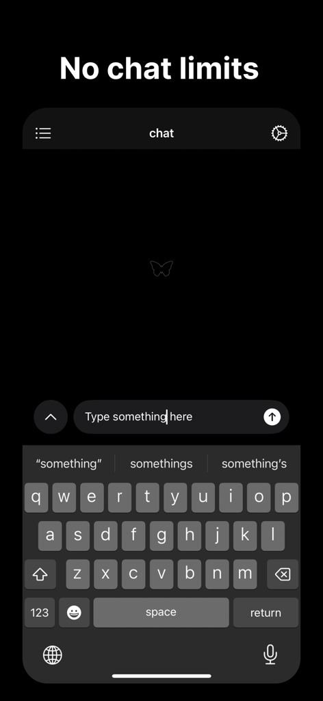 My Local AI - A screenshot of the My Local AI app showing a dark chat interface with the heading No chat limits and a text input keyboard