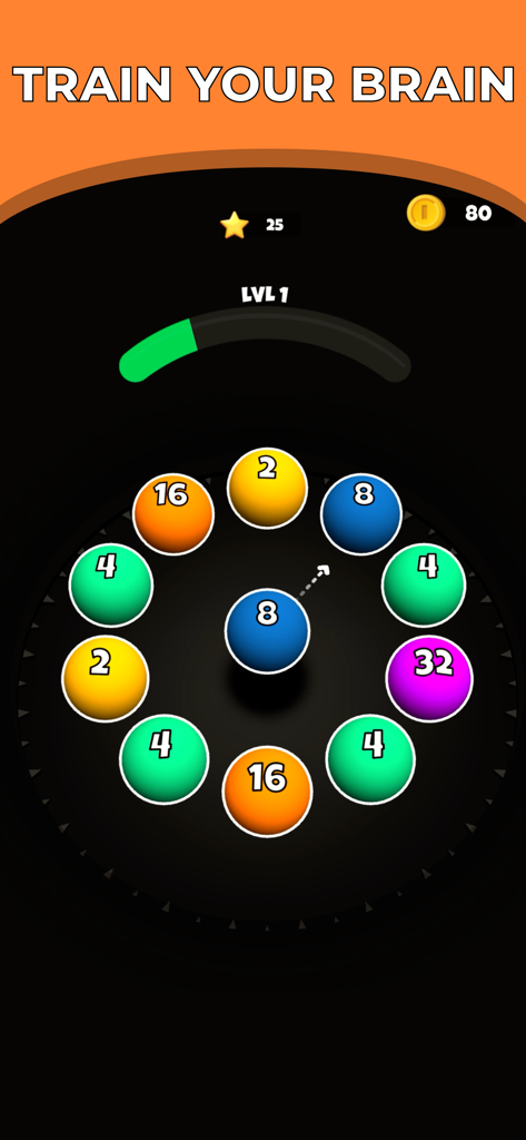 Roll Merge 3D - Number Puzzle - Gameplay screen of Roll Merge 3D showing numbered balls in a circle with the text Train Your Brain