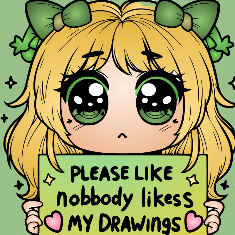 cute girl with really cute eyes holding a sight that says please like nobody likes my drawings