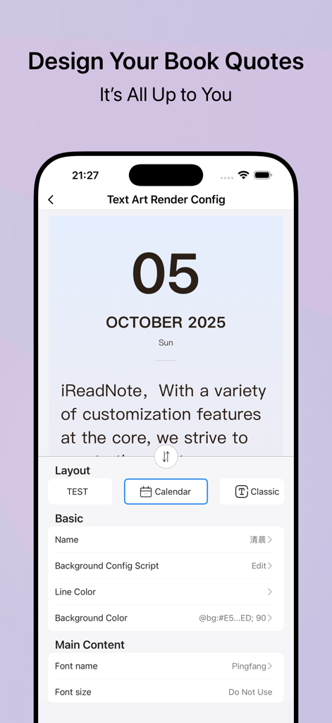 iReadNote - Pantalla de la aplicación móvil para diseñar citas de libros personalizadas con configuraciones de diseño, fuentes y colores de fondo