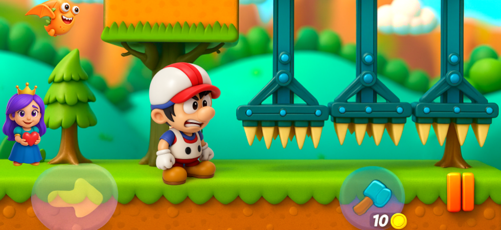 Super Adventure : Pepe - Pepe character navigating a platformer level with spiked traps and a princess