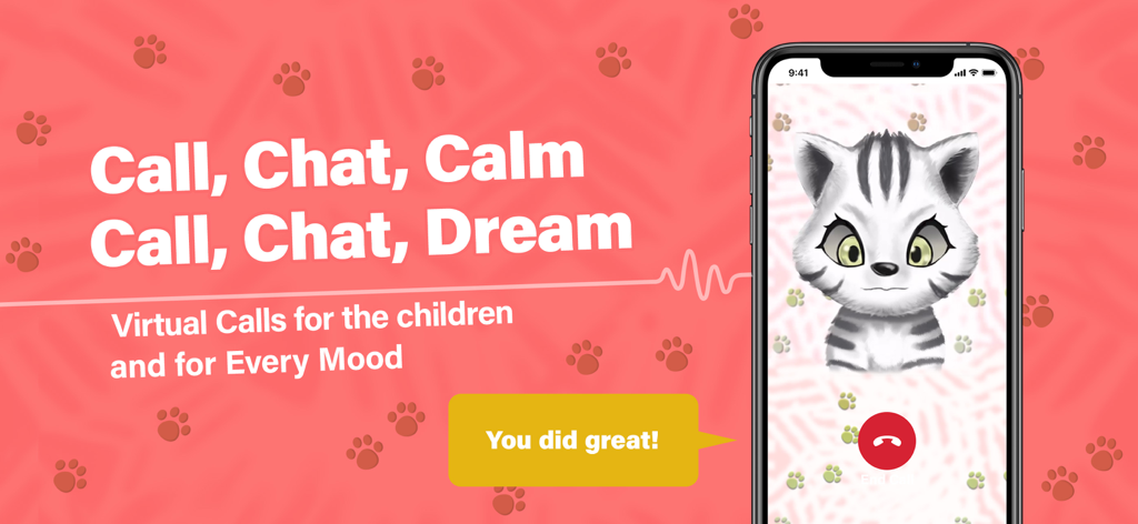 Ghost Call DX - Smartphone screen showing a virtual call from a cute cat character in the Ghost Call DX app for kids