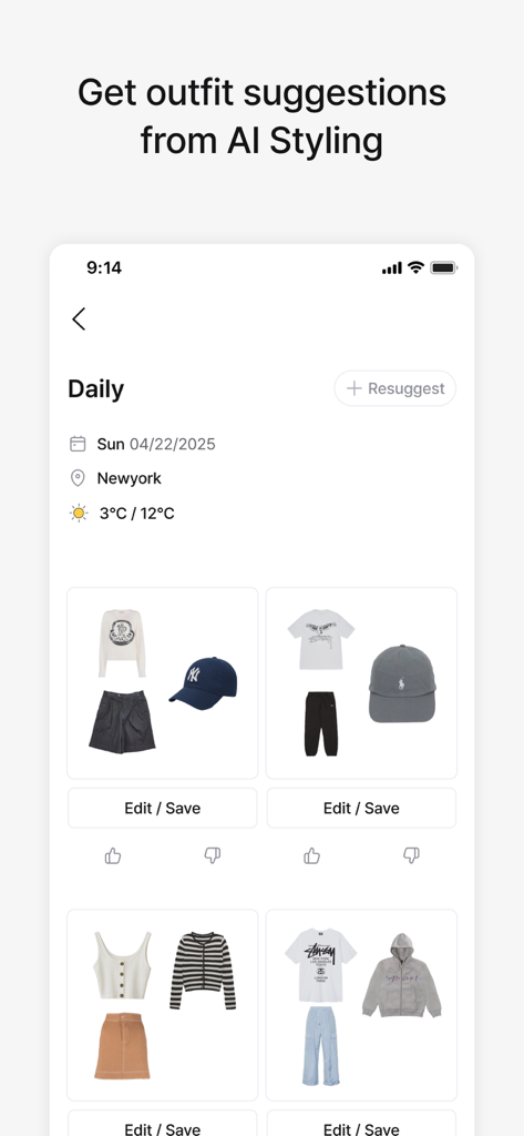 Acloset app screen showing daily outfit suggestions generated by AI styling for New York weather.