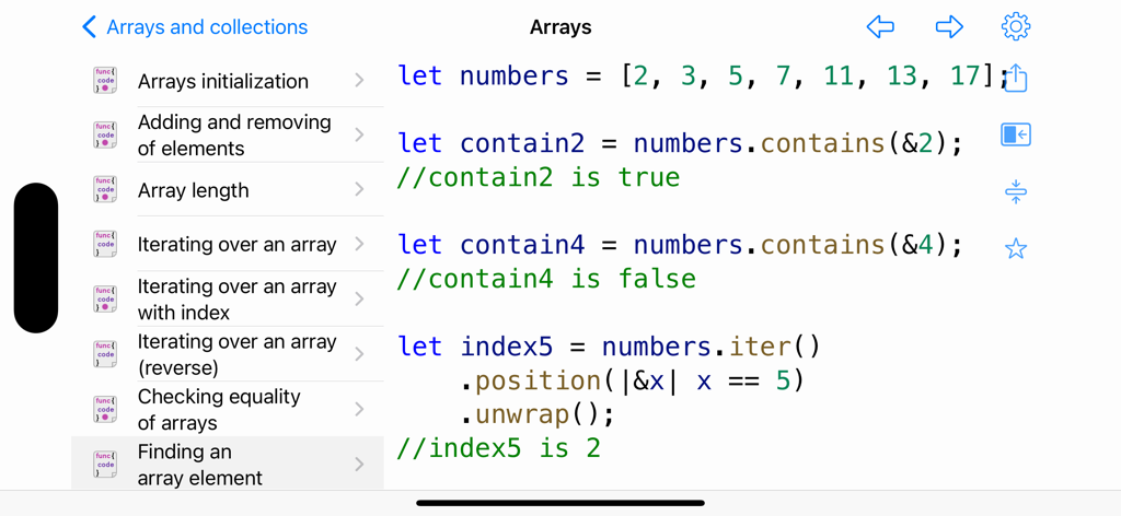 Rust Recipes - Rust Recipes app interface showing code examples for array initialization and finding elements in a list