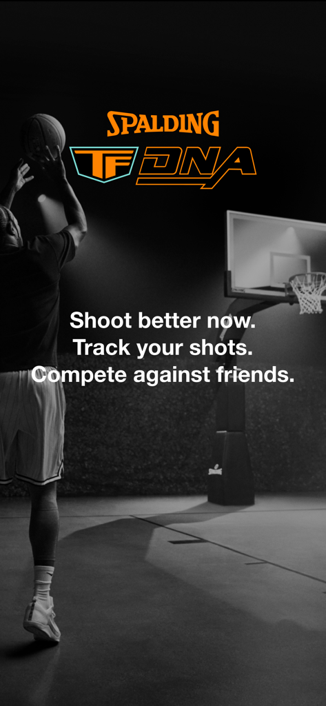 Spalding TF DNA - A basketball player shooting a ball at night with the Spalding TF DNA app logo and tagline